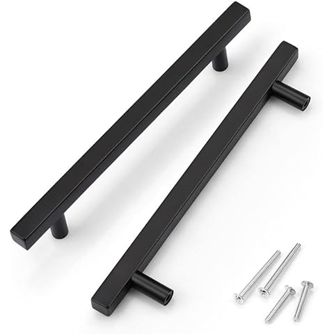 KNOBWELL 20 Pack Matte Black Kitchen Cabinet Door Handles - Stainless Steel Drawer Dresser Pulls Kitchen Cabinet Handles Black - 6-3/10" Hole Centers Cover