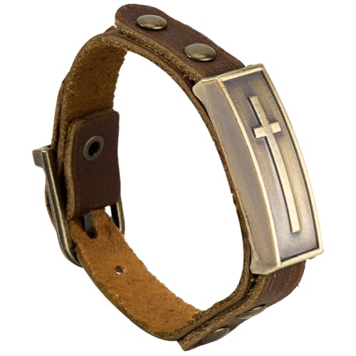 CABODYALS Bracelet Vintage Réglable en Cuir de Vache avec Croix Rectangulaire Style Punk Rock Fermoir en Alliage Large Bracelet Bijoux pour Homme et Femme Cadeau D'Anniversaire Accessoire Vestimentair