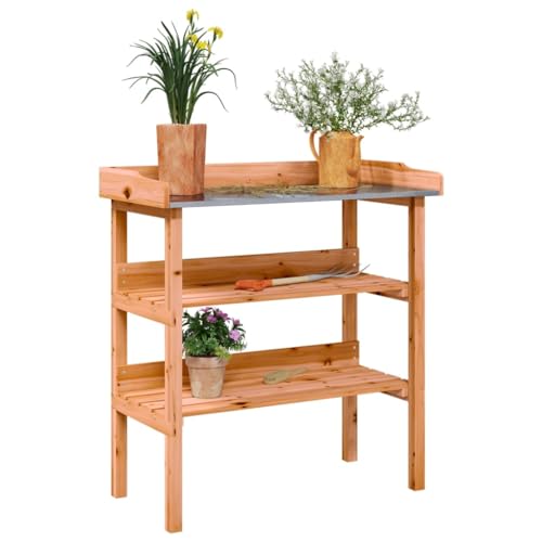 HaoChrymec Pflanztisch mit Ablagen aus Massivholz Tanne, Outdoor geeignet, wetterfest, Blumenregal Outdoor, Balkon Deko, 78 x 38 x 82.5 cm