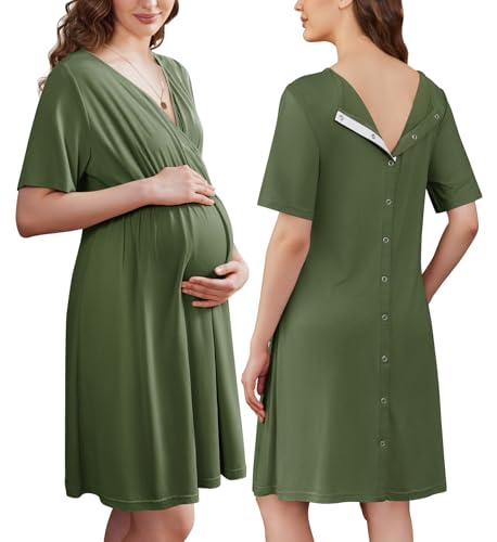 Image of Ekouaer Labor and Delivery Gown for Hospital Short Sleeve Maternity Nursing Dress Nightgown with Button S-XXL