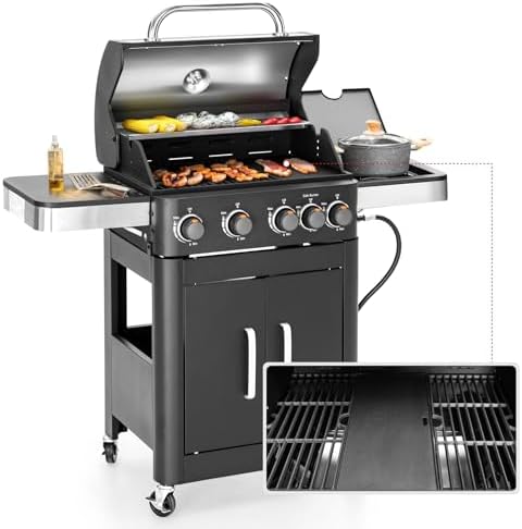 MFSTUDIO 4 Burners Propane Gas Grill and Griddle Combo with Side Burner, 2 in 1 Griddle Grill and Porcelain-Enameled Cast Iron Grates, 46,700 BTU Outdoor Cooking Barbecue Grill, Black