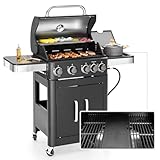 MFSTUDIO 4 Burners Propane Gas Grill and Griddle Combo with Side Burner, 2 in 1 Griddle Grill and Porcelain-Enameled Cast Iron Grates, 46,700 BTU Outdoor Cooking Barbecue Grill, Black