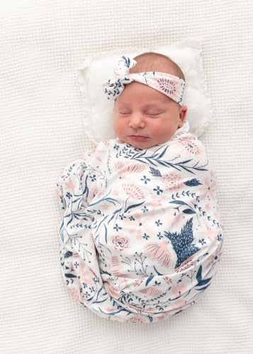 Image of Newborn Baby Swaddle Sets with Headband Blue and Pink | Baby Grils Receiving Blanket with Name Card Stretch Wrap