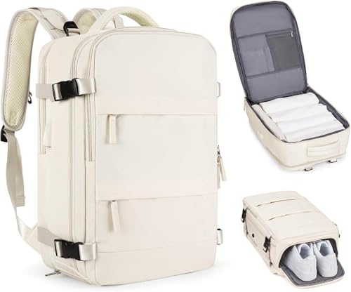 FIT IT Mochila Viral Viagem Expansível, Com Porta Usb, Compartimento Para Sapatos, Mochila Para Notebook (Bege)