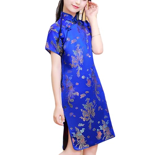 Letuwj Vestido de novia Cheongsam de media manga con dragón chino y fénix Qipao para niñas, Dragón azul rey y fénix, 152