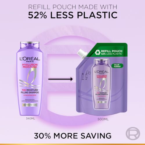 Image of L'Oreal Paris Hyaluron Moisture Shampoo Refill With Hyaluronic Acid For 72 HR Hydrated Hair, 500ml