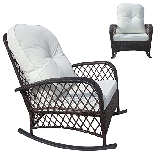 Patioption Outdoor Wicker Rocking Chair, Rattan Patio Rocker Chair With Cushion, Garden Rattan Sofa All-Weather Patio Rocker Chairs Weight Capacity 330Lbs - Brown With White Cushion #TOP3