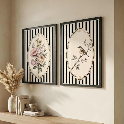 Image of NoWorries Vintage Floral & Bird Wall Art Set of 2 Framed Prints for Living Room Bedroom Office | Black Stripe Botanical Wall Decor with Wooden Frame (Art-10, 17x25inch)