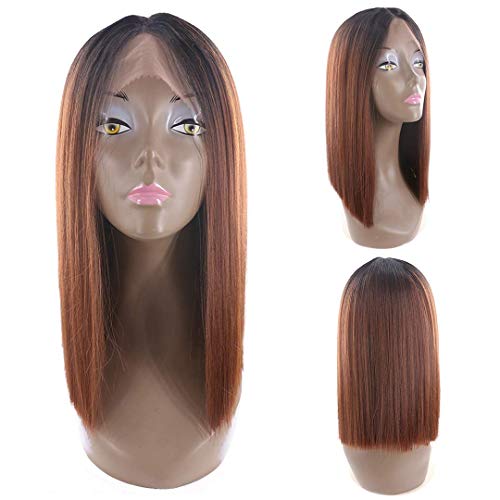 Buladou Hair Natural Looking Yaki Straight Synthetic Bob Lace Front Wigs with Dark Roots Medium Length Ombre BOB Heat Resistant Fiber Wigs for Black Women 14inch (1B/JAZZPATTERN)