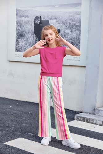 Image of Arshiner Girls Clothes 2 Piece Outfits Drop Shoulder Sleeve Top and Wide Leg Pants Set Trendy Clothing Size 6-14