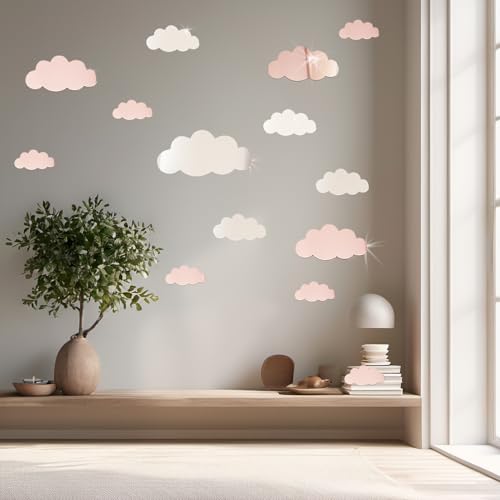 Lot de 14 stickers muraux pour chambre d'enfant - Motif nuages - Miroir - Pour fille et garçon - Décoration de salon - Motif nuages - Argenté