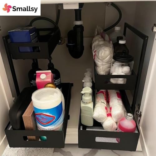 2-Tier Metal Under Sink Organizer, Pull Out Smoothly Under Kitchen Sink Organizer with Track, Large Capacity Heavy Load Under Sink Storage for Kitchen and Bathroom
