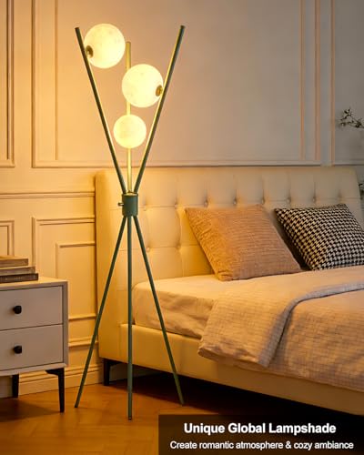 Image of Lightdot Dimmable Green Tripod Floor Lamp, Mid Century Standing Lamps with 3 Globe Soft Warm White Eye Care 3000K Bulbs Included, Modern Tall Lamp for Living Room /Bedroom /Sofa Beside /Corner Decor