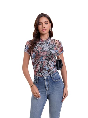 SKYZOO Floral Mesh Short Sleeve Lace Tops Double Line Western Cute Going Out Summer Shirts 20252