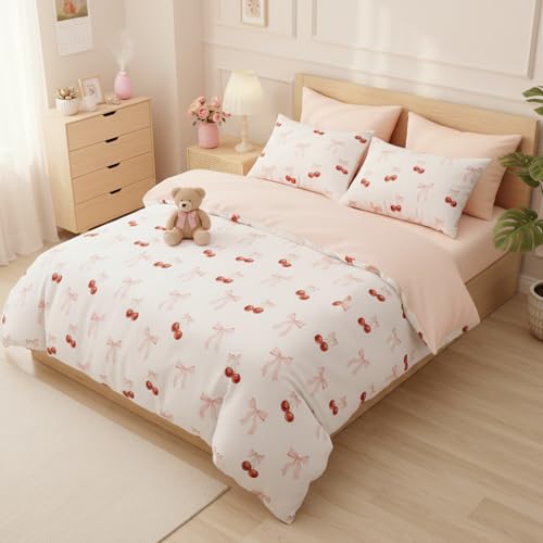 Image of Nayoroom Pink Bow Duvet Cover Full Size Reversible Red Cherry Duvet Cover 3 Pieces Soft Lightweight Microfiber Kids Girls Cute Aesthetic Dorm Bedding Set