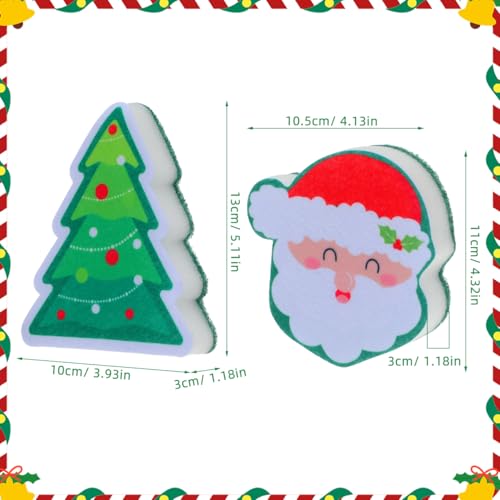 Image of 2Pcs Christmas Dish Sponges, Cute Santa Christmas Tree Household Cleaning Dishwasher Sponges, Dual Sided Non-Scratch Scouring Pad for Kitchen Dishes Pots Furniture