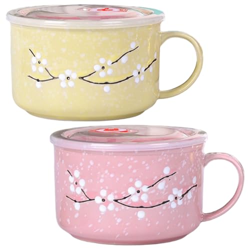 Joygoodta 2 uds tazones de sopa con asas taza de sopa de cerámica para microondas de 800ml con tapa para viajes de ensalada de cereales de fideos Ramen