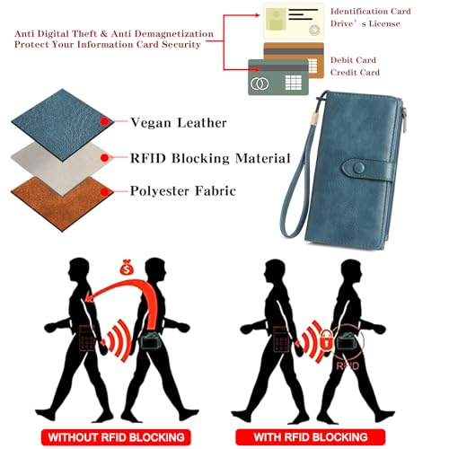 Image of GOIACII Womens Wallets Large Capacity Credit Card Holder RFID Blocking Leather Wallet Wristlet Ladies Clutch Purse Blue
