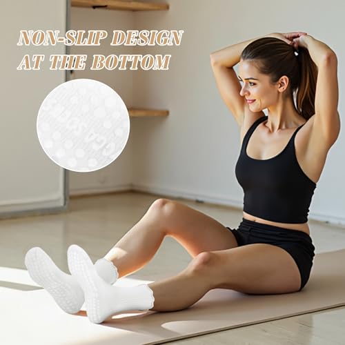 Justay 6 Pairs Womens Pilates Socks with Grips Crew Non Slip Ruffle Cotton for Athletic Workout Barre Hospital Yoga Socks3