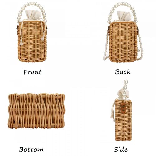 Image of Beach Bag Purse for Women, Natural Hand-woven Rectangular Wicker Handbag, Pearl Basket Purse, Retro Summer Straw Tote Bag