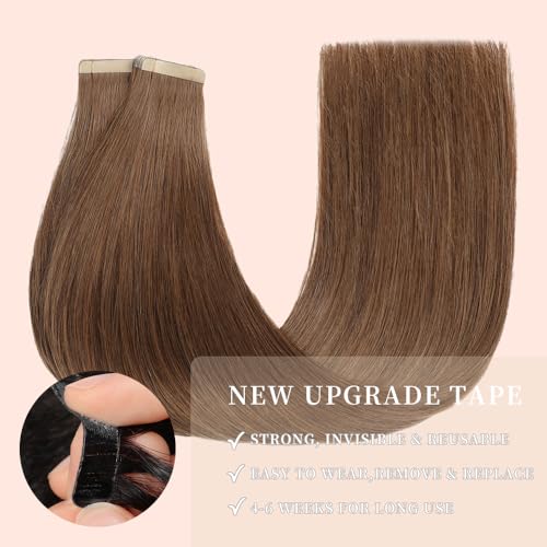 Image of Tape in Hair Extensions Human Hair for Women 20pcs 18 Inches Hair Extensions Real Human Hair Tape Ins Invisible Human Hair Tape in Extensions Skin Weft Medium Brown (6#,18 Inch)