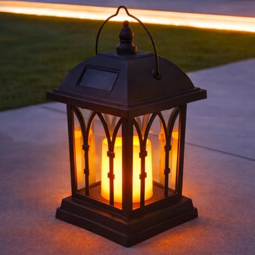 Festive Lights - 27cm Black Outdoor Solar Garden Candle Lantern - Flickering Amber LED, Hanging Tabletop Solar Powered Light, Waterproof Patio, Garden & Decking Lighting, Mother's Day Gift