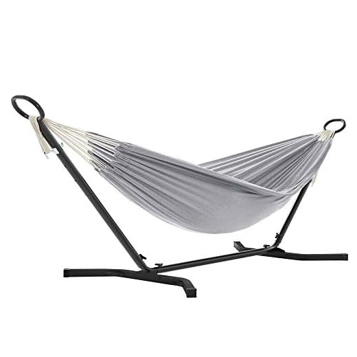 SONGMICS Hängmatta med stativ, 210 x 150 cm hängmatta, 5 justerbara höjder, bärbar hängmatta med metallram, lastkapacitet 240 kg, uteplats, trädgård, gård, svart stativ och grå hängmatta GHS001G01