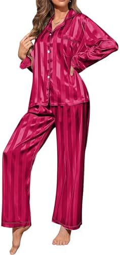 Womens Satin Pajamas Set 2 Piece Lounge Sets Silk Pjs Striped Lou...