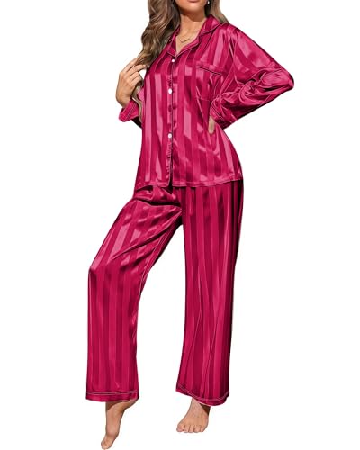 Pajamigols Womens Satin Pajamas Set 2 Piece Lounge Sets Silk Pjs Striped Loungewear Button Down Sleepwear Red XL