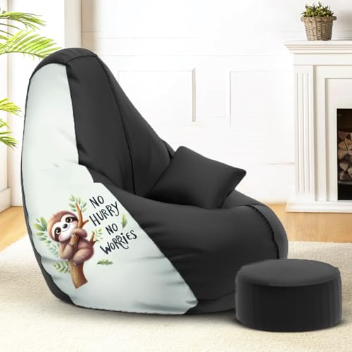 Image of Amazon Brand - Solimo 4XL Premium Faux Leather Bean Bag Combo with Footrest & Cushion, Filled with Beans | Capacity: Upto 6 Ft 5 in Height, 125 KG Weight | No Hurry No Worry Print