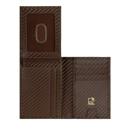 Image of Premium RFID Blocking Wallet for Men | Slim Carbon Fiber Leather with 12 Card Slots, Clear ID Window & Cash Pocket | Durable Bifold Genuine Cow Fiber Leather Wallet (Carbon Brown)