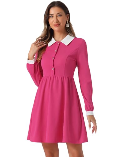 Allegra K Damen Kleid Bubikragen Langarm A-Linie Vintage Kontrast Knopfleiste Minikleid Fuchsia L