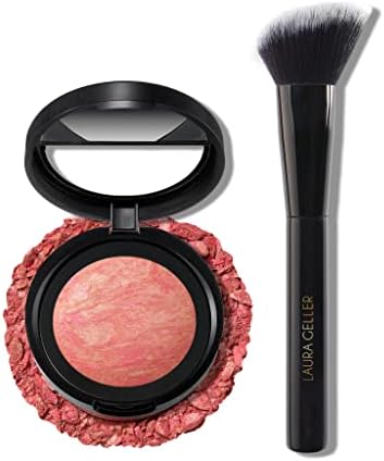 LAURA GELLER NEW YORK Blush-n-Brighten Marbleized 2-in-1 Blush Coral Cove - Angled Blush Brush - Ultra Soft - Never Sheds (2PC)