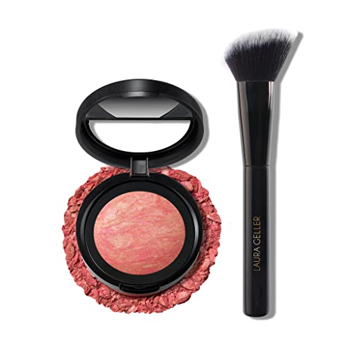 Laura Geller New York Blush-N-Brighten Marbleized 2-In-1 Blush Coral Cove - Angled Blush Brush - Ultra Soft - Never Sheds (2Pc) #TOP3