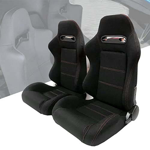 Sunroad 2Pcs Universal Racing Bucket Seats With Sliders Rails Red Stitch Black Cloth Bucket Reclinable Sports Racing Seat #TOP1