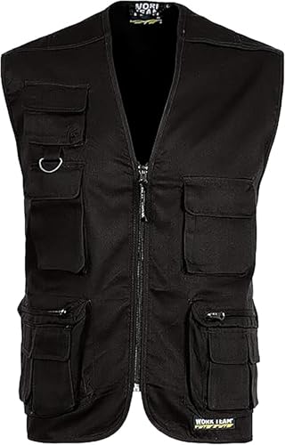 WORKTEAM Chaleco Safari Multibolsillos, Chaleco con Cremallera y Bolsillos Funcionales, Escote Pico, Unisex Negro M