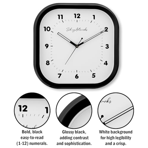 Image of Sehaz Artworks Silent Square Wall Clock for Hall | Black - 28x28 CM | Non Ticking, Designer Wall Clock for Bed Room Silent Sweep, Wall Watch for Living Room Stylish, Clock for Living Room Stylish