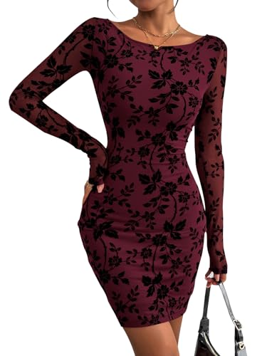 PRETTYGARDEN Women’s 2025 Fall Bodycon Mini Dresses Long Sleeve Mesh Slim Floral Wedding Guest Cocktail Party Short Dress
