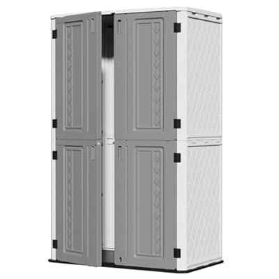 ZZM 67 Cuft Vertical Outdoor Storage Shed Diamond Texture Resin Outdoor Cabinet, 4x6 Sheds FT for Garden, Patio, Backyard, All-Weather Plastic Storage Clearance, Lockable with Floor (Grey-White)