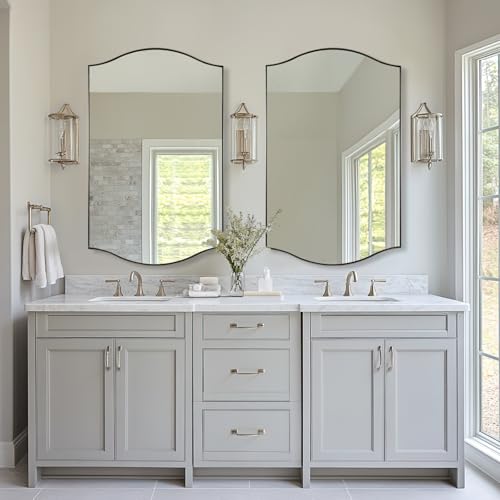 Image of ANDY STAR 30 inchx48 inch Scalloped Mirror,Brushed Nickel Rectangle Bathroom Mirror with Curved Edge Stainless Steel Metal Frame, Large Wall-Mounted Mirror for Bathroom, Entryway (Horizontal /Vertical)