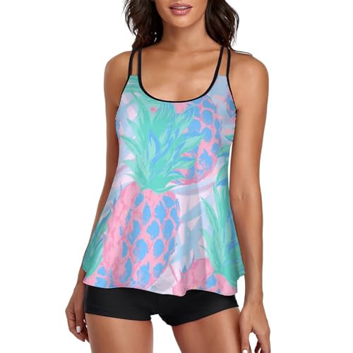 Maillot tankini ananas rose femme masquant le ventre avec shorty