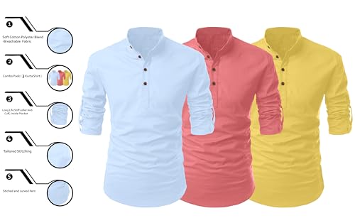 Image of FINIVO FASHION Combo of Men's Cotton Blend Solid Regular Fit Full Sleeve Straight Short Kurta Shirt, Casual and Formal Wear