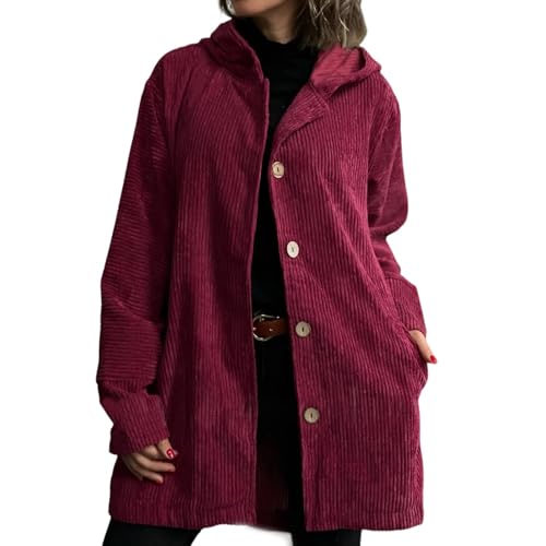 Women's Fall Corduroy Jacket with Hood Casual Button Down Hooded Shirt Long Sleeve Oversized Up V Neck Blouses Tops