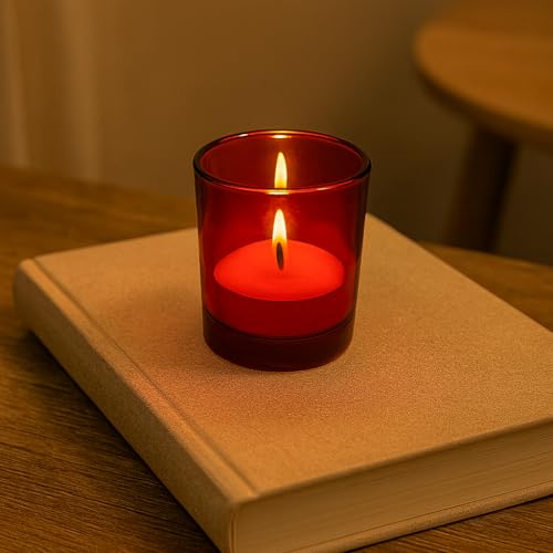 Image of Pure Source India Set of 12 Votive Glass Candle Holders with Tealight Candles | Decorative Diwali Lights for Home, Pooja & Festive Decor (Red)