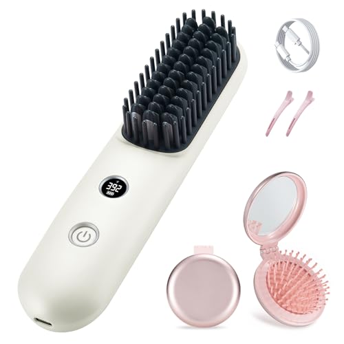STUDLLY Mini Portable Travel Cordless Negative Ionic Hair Straightener Brush and Curler 2 in 1 - Hot Comb for Women, Foldable Mirror Brush, White