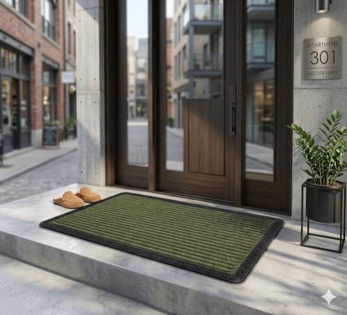 Image of Heavy Duty Front Door Mat 60 x 90 cm, Outdoor Indoor Welcome Mat, Non Slip Dirt Trapper Entrance Rug for Entryway, Patio & Porch,Washable Low Profile (Mehendi 2 x 3 Feet)