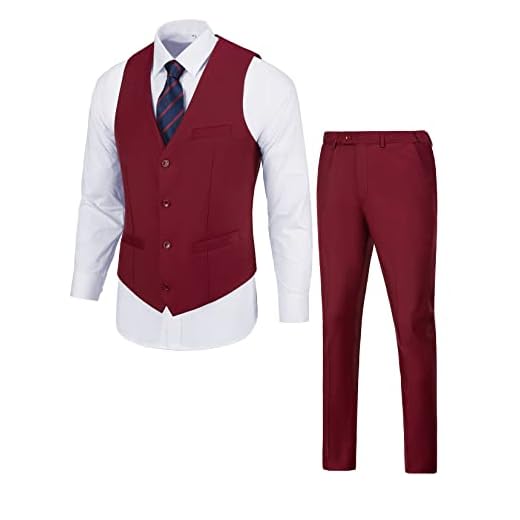 Furuyal Terno masculino 2 peças conjunto de colete slim fit terno casual colete calça, Vinho tinto, XX-Large