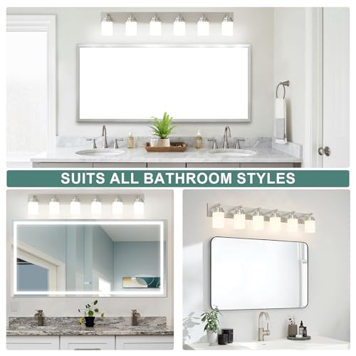 Image of IZORRO Bathroom Vanity Light Fixture, 6-Light 46 Inch Brushed Nickel Bathroom Light Fixtures Over Mirror, with White Glass Shade, Modern Farmhouse Vanity Lights, Rustic Restroom Lighting Fixtures