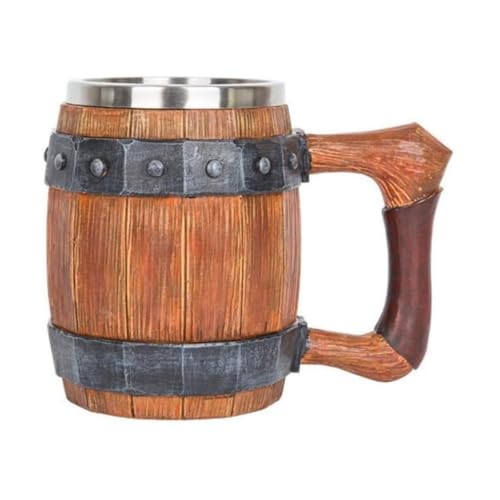Vifxucyバレルマグパーソナライズされた模造木製バレルビールジョッキレザーハンドルクリエイティブステンレス鋼大容量バーマグレトロビッグワインマグジャイアントマグ海賊マグ 家庭用 誕生日 クリスマスギフト (600ML)
