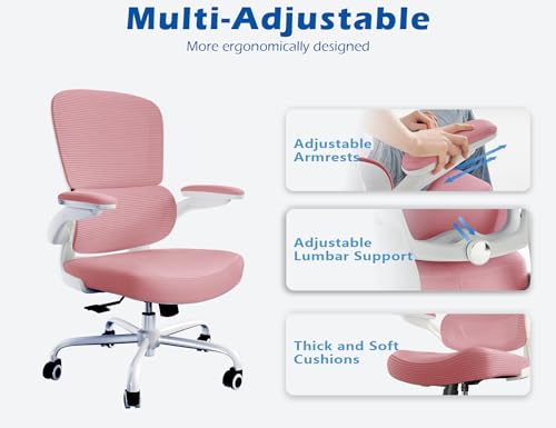 Image of TRALT Ergonomic Office Chair - Desk Chair with Adjustable Lumbar Support Computer Chair - Mesh Comfy Chair with Flip-up Armrests - Gaming Chairs for Adults Home Office (Leather, Pink)